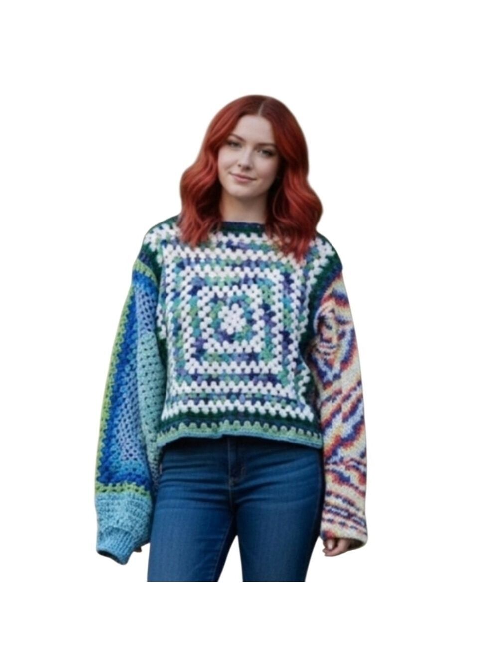 Handmade Rainbow Granny Square Crochet Sweater Colorful Off-the-Shoulder Sweater